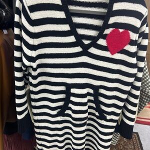 Betsey Johnson Striped V-Neck Sweater with Heart Accent